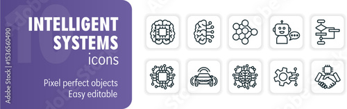 Set of ten intelligent systems icons representing artificial intelligence concepts