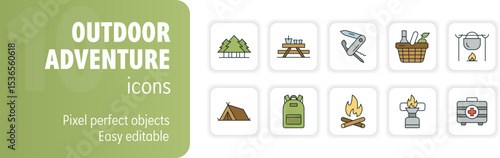 Outdoor adventure icon set featuring camping and hiking activities