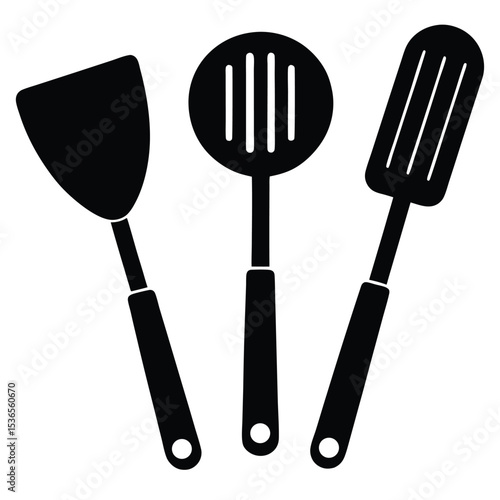 Black and white silhouettes of three essential cooking utensils on a clean white background.