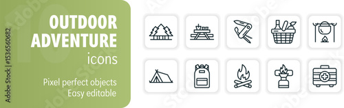 Set of ten camping and outdoor adventure icons, editable stroke vector illustration