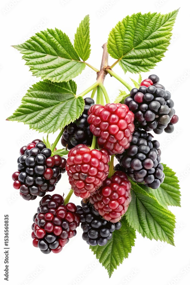 Close up of ripe and unripe blackberries on a branch with leaves Close up of ripe and unripe blackberries on a branch with leaves