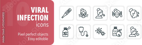 Set of viral infection icons featuring coughing, sneezing, and fever symptoms, treatments, and virus transmission