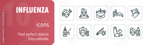 Influenza symptoms and treatment editable stroke pixel perfect icon pack