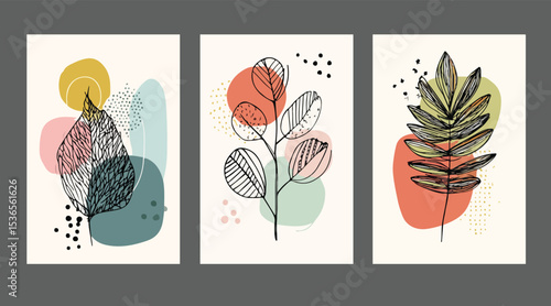 Foto Three Abstract Botanical Prints Featuring Line Art Leaves and Organic Shapes in