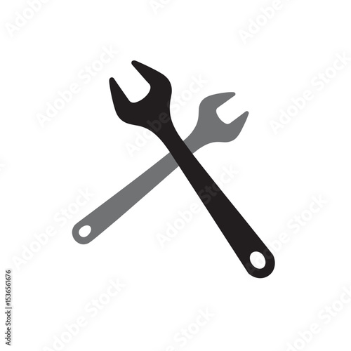 Black and gray crossed wrenches icon in isometric style, symbolizing repair, mechanical assembly, or dual-tool interface. Stylized representation of maintenance or construction toolkit emblem