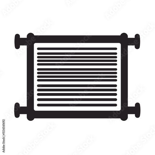 Industrial radiator component with parallel fins and side pipes.  Radiator features horizontal lines and strong metal construction. This desig is perfect for illustrating technical drawings or manuals