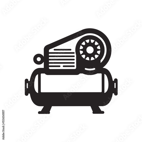 Air compressor illustration, industrial equipment icon, showing powerful engine and tank. This detailed image depicts strong construction machinery, perfect for manuals and technical guides.  