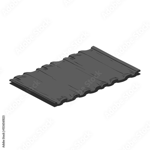 Isometric black and white icon of a corrugated metal roofing sheet with parallel ridges.  Industrial design representing durable construction material for roofing, siding, and cladding