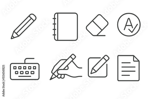 Writing Skills Icons. Line style icons for writing skills: pencil, notebook, eraser, grammar check, keyboard, writing hand, edit
