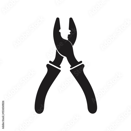 Isometric black and white icon of universal pliers with straight insulated handles. Hand gripping tool for construction, repair and mechanical maintenance