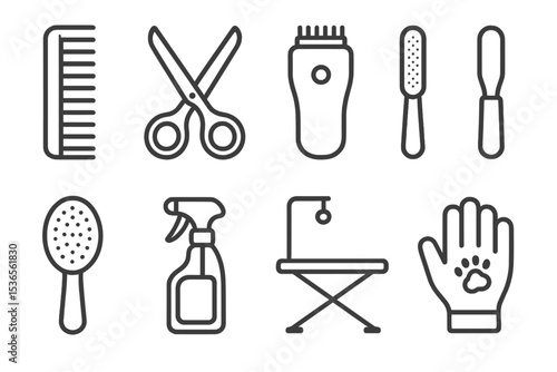 Pet Grooming Icons. Line style icons for pet grooming tools: comb, scissors, clippers, nail file, brush, spray bottle, grooming