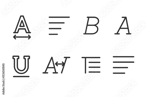 Typography Icon Set. Line style icons for typography: font, letter spacing, alignment, bold, italic, underline, kerning, paragraph