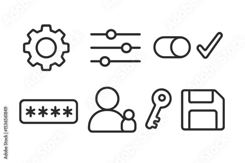 Parental Controls Icons. Line style icons for parental controls settings: gear, slider, toggle switch, checkmark, password, user