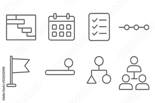 Project Planning Icons. Line style icons for project planning: gantt chart, calendar, checklist, timeline, priority flag, progress