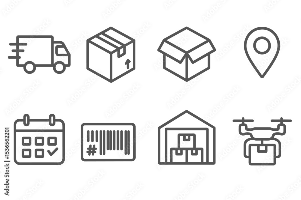 Shipping Icons Line Art. Line style icons for shipping and delivery: delivery truck, package, box, map pin, calendar, tracking Shipping Icons Line Art. Line style icons for shipping and delivery: delivery truck, package, box, map pin, calendar, tracking