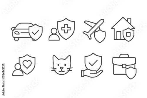 Insurance Iconography. Line style icons of insurance types: auto insurance, health insurance, travel insurance, property insurance
