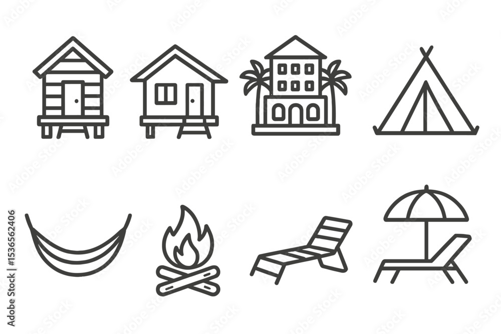 Line Style Accommodation Icons. Line style icons of accommodation: beach hut, bungalow, resort, tent, hammock, campfire, lounge Line Style Accommodation Icons. Line style icons of accommodation: beach hut, bungalow, resort, tent, hammock, campfire, lounge