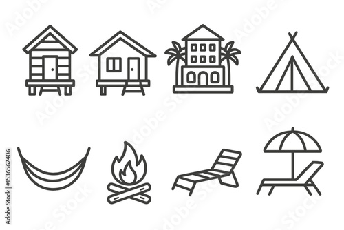 Line Style Accommodation Icons. Line style icons of accommodation: beach hut, bungalow, resort, tent, hammock, campfire, lounge