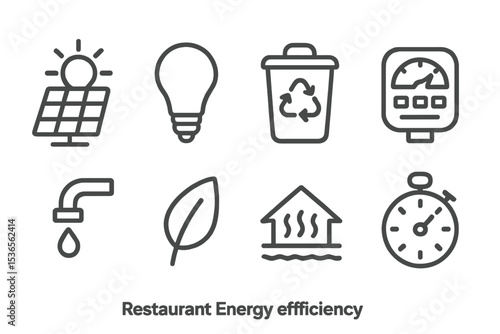 Energy Efficiency Icons. Line style icons of restaurant energy efficiency: solar panel, LED light bulb, recycling bin, energy