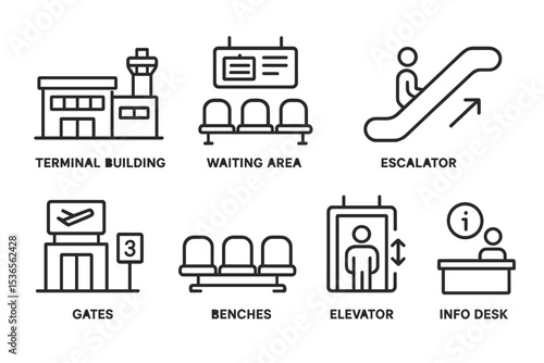 Airport Terminal Icons. Line style icons of airport terminals: terminal building, waiting area, ticket counters, escalator,