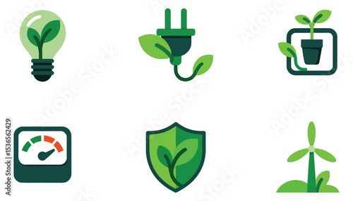 A vector set of green eco and energy recycling symbols, leaves, and earth designs for nature and environmental concepts