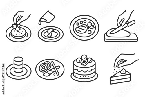 Food Presentation Icons. Line style icons of food presentation techniques: garnish, sauce drizzle, plating, carving, stacking,