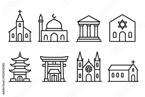 Worship Places Icons. Line style icons of places of worship: church, mosque, temple, synagogue, pagoda, shrine, cathedral,