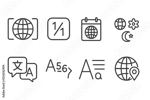 Localization Icons. Line style icons of localization: regional format, number system, date format, cultural symbols, script