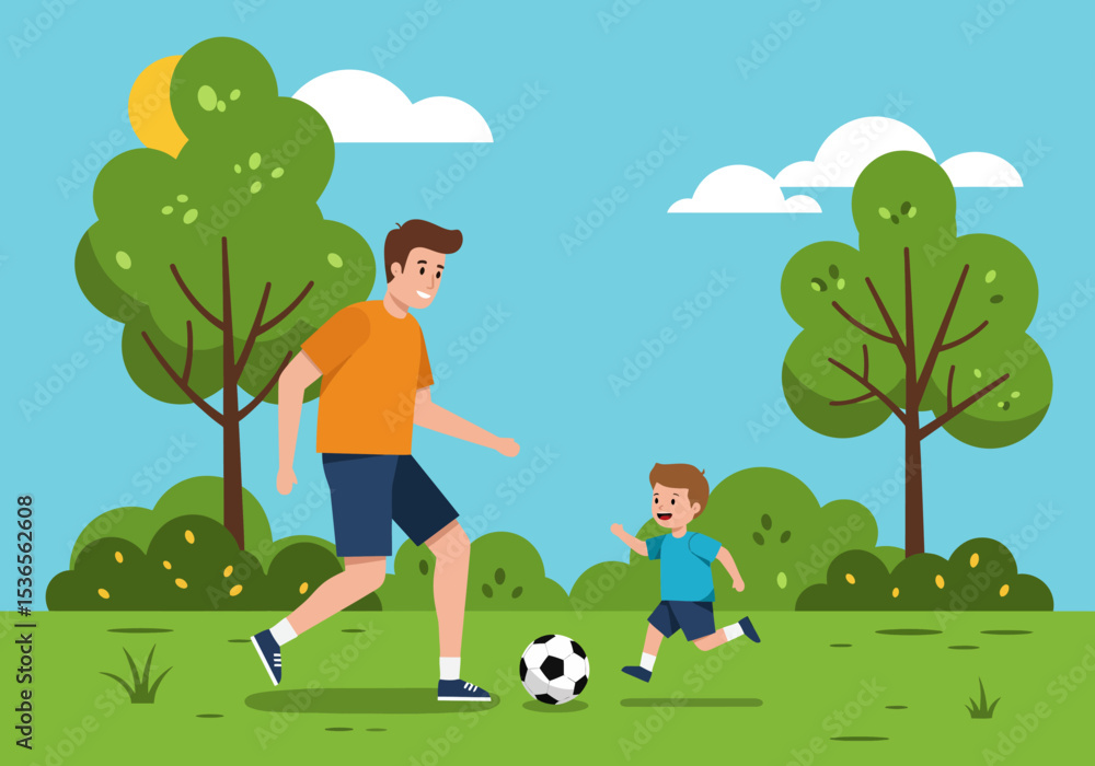 Fototapeta premium A man and a child play soccer in a park under a blue sky with clouds