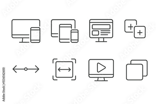 Responsive Design Icons. Line style icons of responsive design: multi-platform icon, screen size variants, HTML layout preview, UI