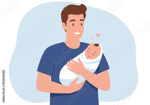 A man smiles holding a swaddled baby with two small hearts above the child