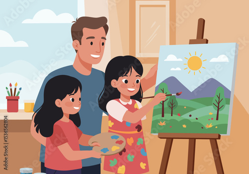 Family paints a landscape scene indoors dad stands beside two smiling girls