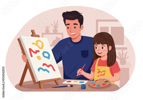 Father and daughter paint the canvas shows abstract shapes in bright colors in a warm inviting room