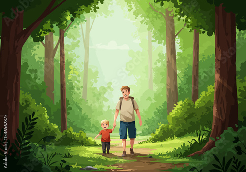 Father  son hike in a forest bathed in light with lush greenery  tall trees lining the path