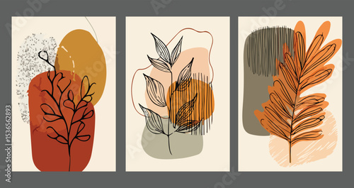 Abstract Botanical Wall Art Prints Set Three Modern Minimalist Plant Line Art Illustrations Orange Brown Beige Cream Colors