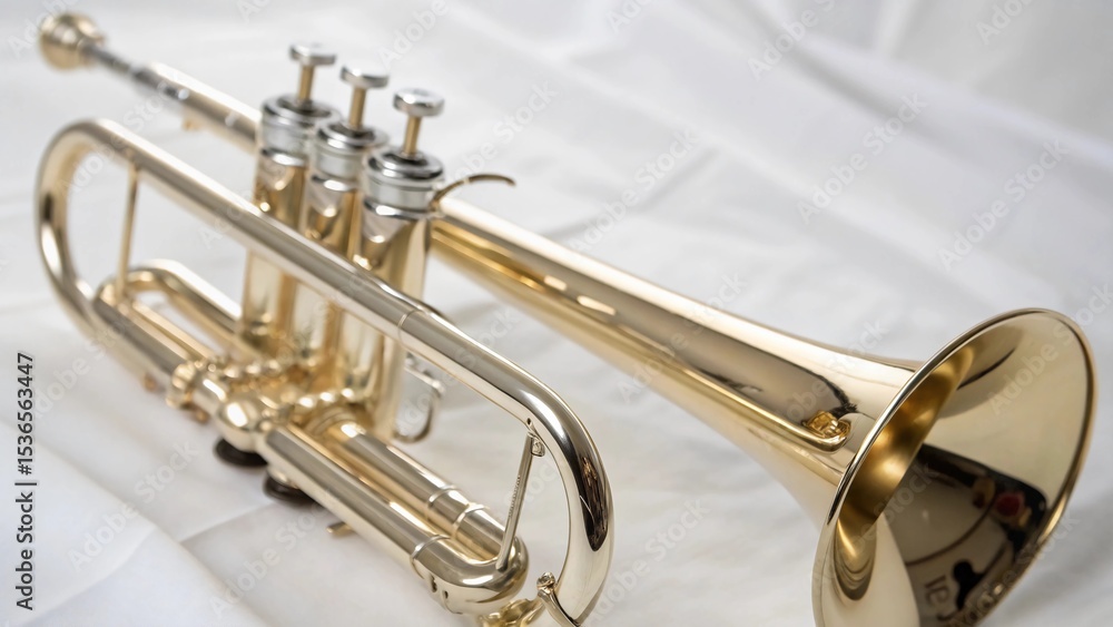 Obraz premium Close-up of shiny brass trumpet valves and mouthpiece, capturing metallic reflections
