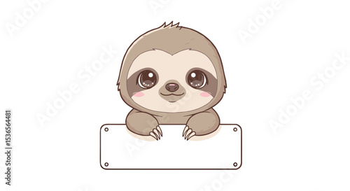 Bicho-preguiça kawaii com uma plaquinha vazia nas patas, estilo adesivo ou ícone para design gráfico em fundo transparente