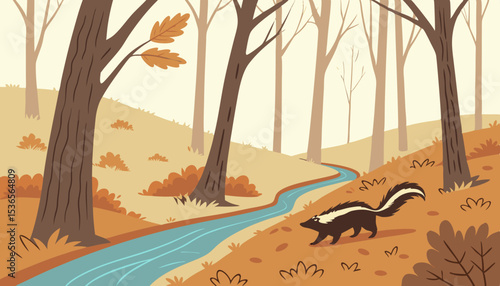 Autumn forest landscape with brown trees, orange leaves covering ground. Blue river flows through woods while black skunk releases green smelly cloud near water. Misty fall woodland background.       