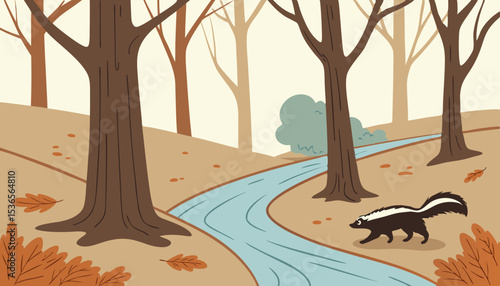 Autumn forest landscape with brown trees, orange leaves covering ground. Blue river flows through woods while black skunk releases green smelly cloud near water. Misty fall woodland background.       