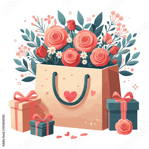 A festive illustration of a gift bag brimming with roses and various presents, perfect for websites or blogs on holidays, celebrations, gifting, or romantic occasions.