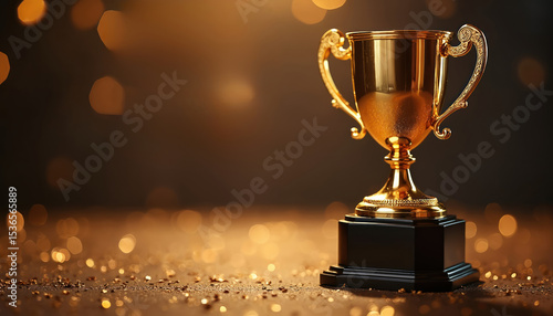 Fototapeta Naklejka Na Ścianę i Meble -  Golden trophy cup stands on table. Concept of winner champion success. Award with bokeh, gold glitter on dark background. Business, achievement, leadership, victory, sport competition concept.