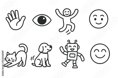 Animated Line Icons. Line style icons of animated characters: waving hand, blinking eye, jumping avatar, nodding face, stretching