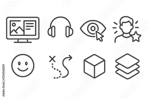Immersive Experience Icons. Line style icons of immersive experience: storytelling screen, audio UX, visual guide, character