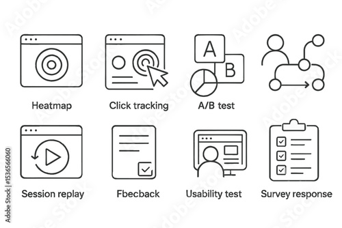 UX Testing Icons. Line style icons of UX testing: heat map, click tracking, A/B test, user journey, session replay, feedback form,