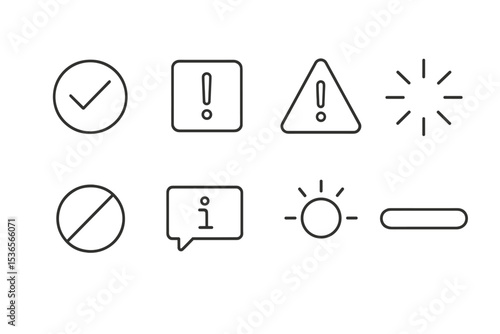 Usability Icon Set. Line style icons of usability feedback: success check, error alert, warning triangle, loading spinner,