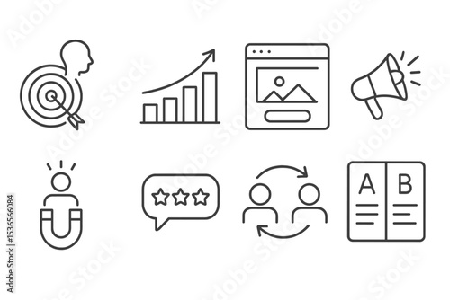 Startup Marketing Icons. Line style icons of startup marketing: brand awareness, growth hacking, landing page, digital campaign,