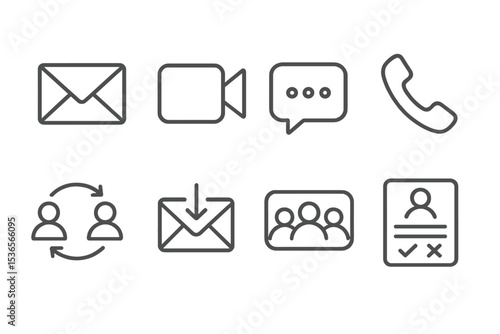Communication Icon Set. Line style icons of communication app logos: email app icon, video meeting icon, chat icon, voice call app