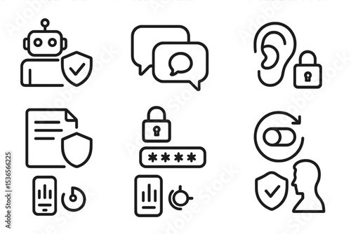 Privacy and Security Icons. Line style icons of privacy and security: bot permissions, encrypted chat, data policy, voice lock,
