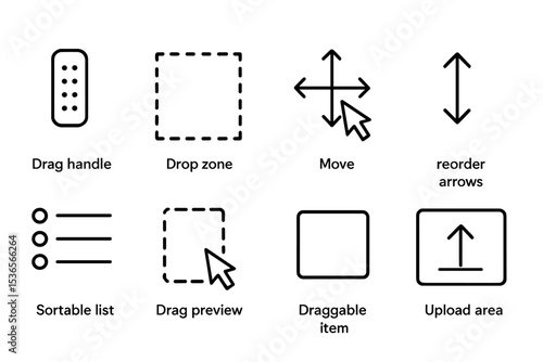 Drag and Drop Icons. Line style icons of drag and drop: drag handle, drop zone, move icon, reorder arrows, sortable list, drag