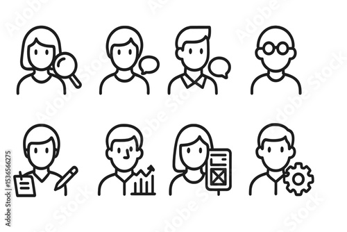 UX Team Iconography. Line style icons of UX team roles: UX researcher, participant, moderator, observer, note-taker, analyst, UX